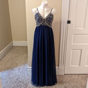 Vintage My Michelle navy blue jeweled top spaghetti strap prom dress size S